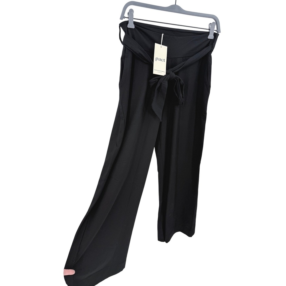 Pact Womens Black Organic Cotton Wide Leg Tie Waist Pants Size M New